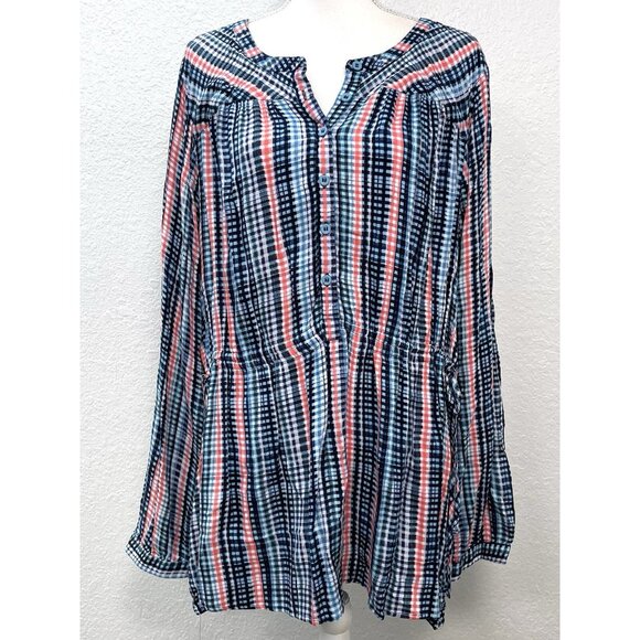 LANE BRYANT Womens Plus 22/24 Aqua/Coral L/S Plaid Cinch-Waist POPOVER NWT NEW - Picture 1 of 9